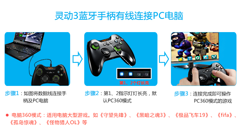 莱仕达灵动3蓝牙手柄PXN-9623有线连接PC电脑教程图